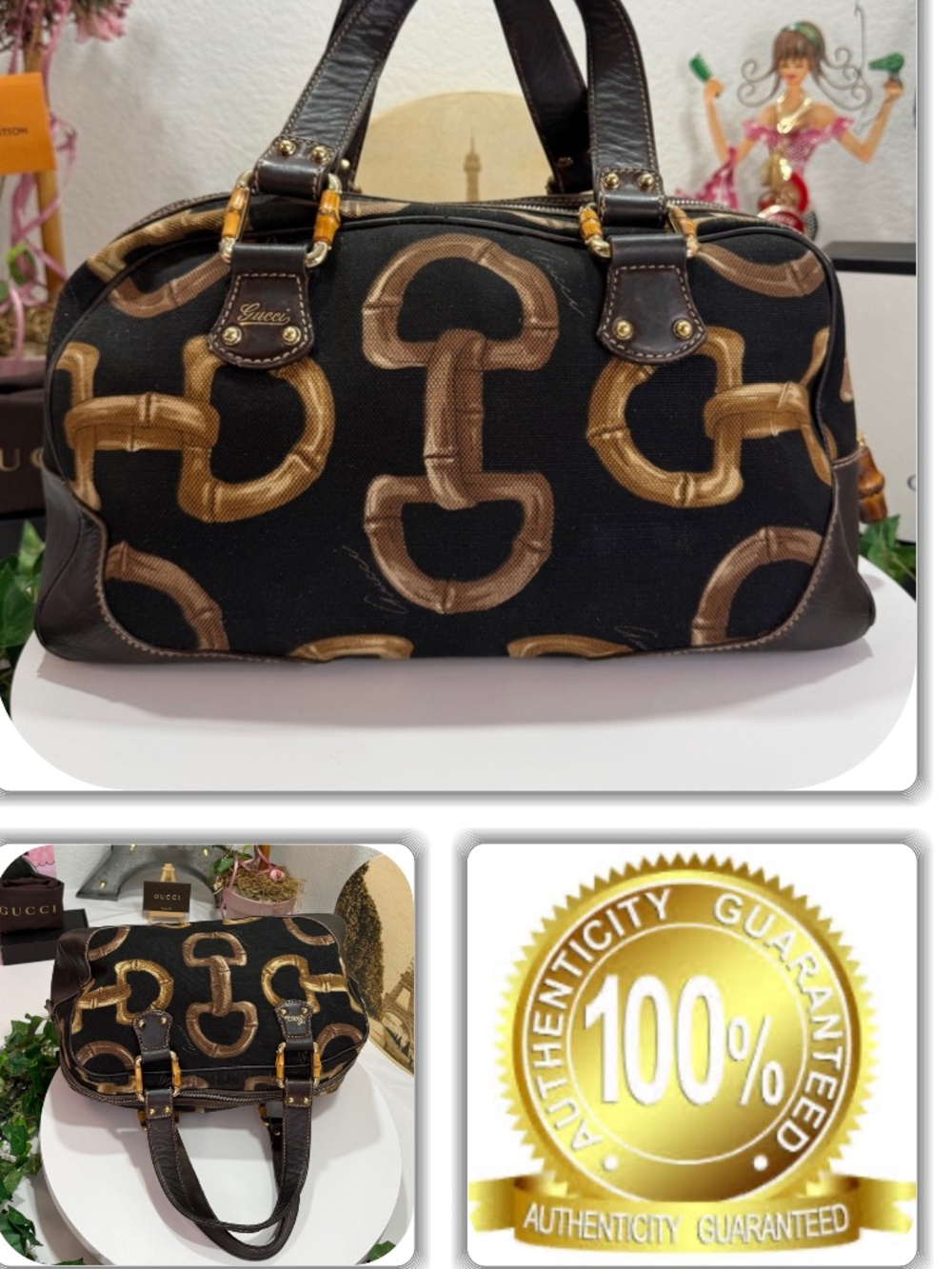 COUTURE GUCCI BLACK & BROWN HORSE-BIT BAMBOO BOSTON HANDBAG!